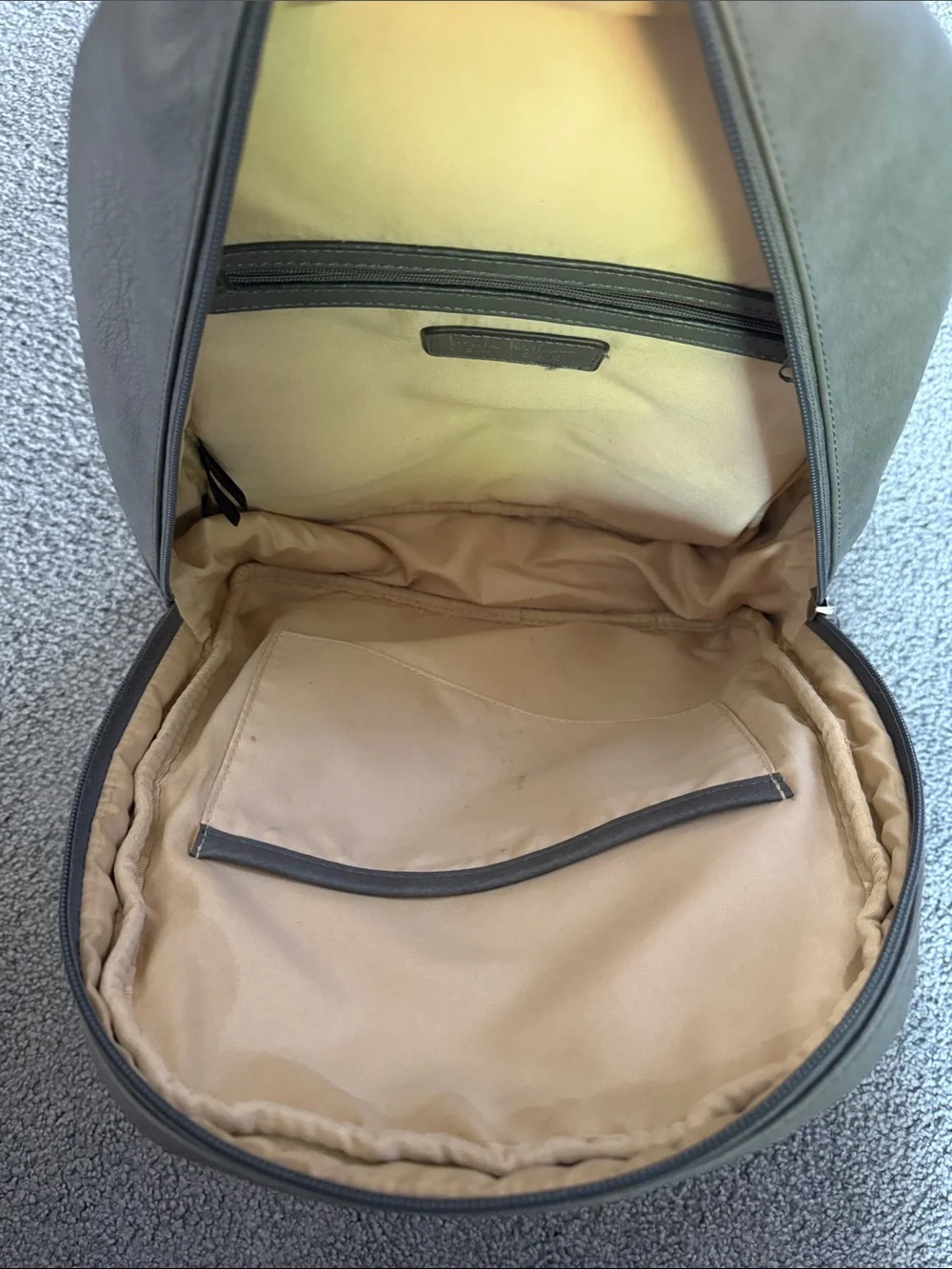 Nicole Miller Gray Faux Leather Backpack Bag. Adjustable Straps. 12”x12”x4”.